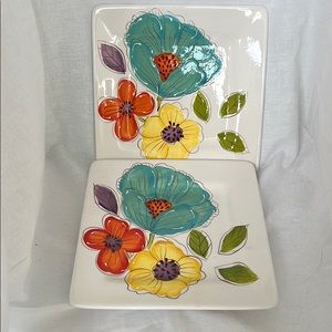 2 Pier 1 Imports Brittany 9" Plates Flowers Vibrant Blue Yellow Orange Floral